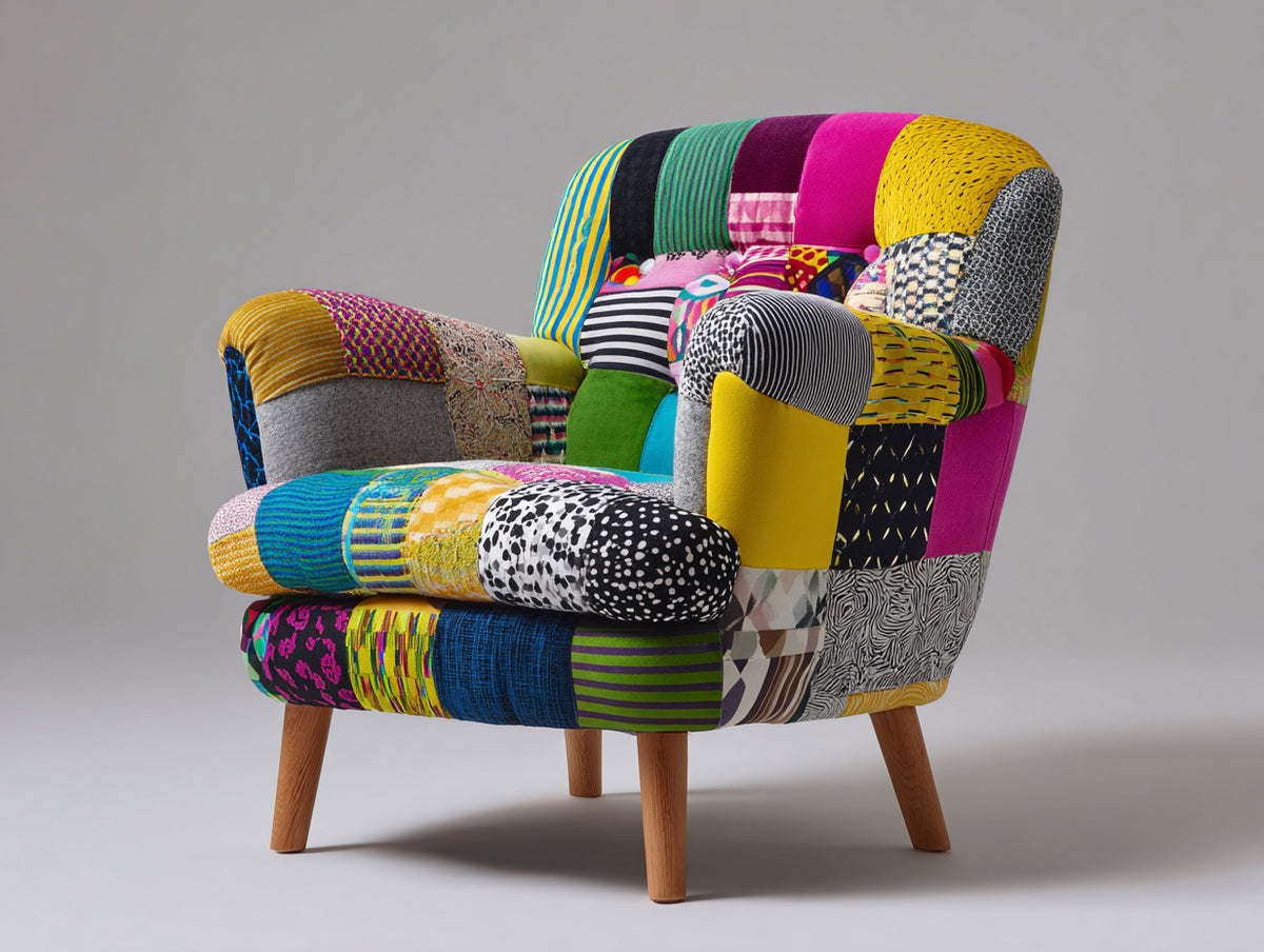 Sillones tapizado en tela patchwork multicolor con patas de madera 80x75x85 cm estilo moderno decorativo para salon