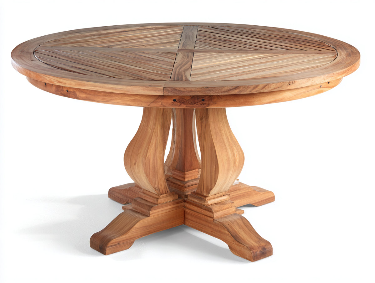 Mesas de jardín - mesa redonda de madera maciza natural 120x120x75 cm - estilo rústico con base tallada clásica