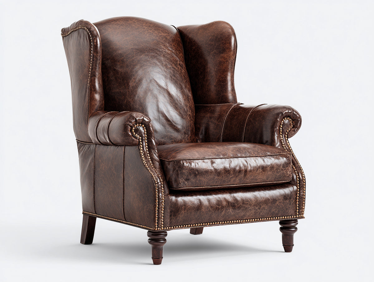 Sillones sillón orejero de cuero marrón envejecido estilo clásico capitoné con tachuelas diseño elegante interior 85x90x110 cm