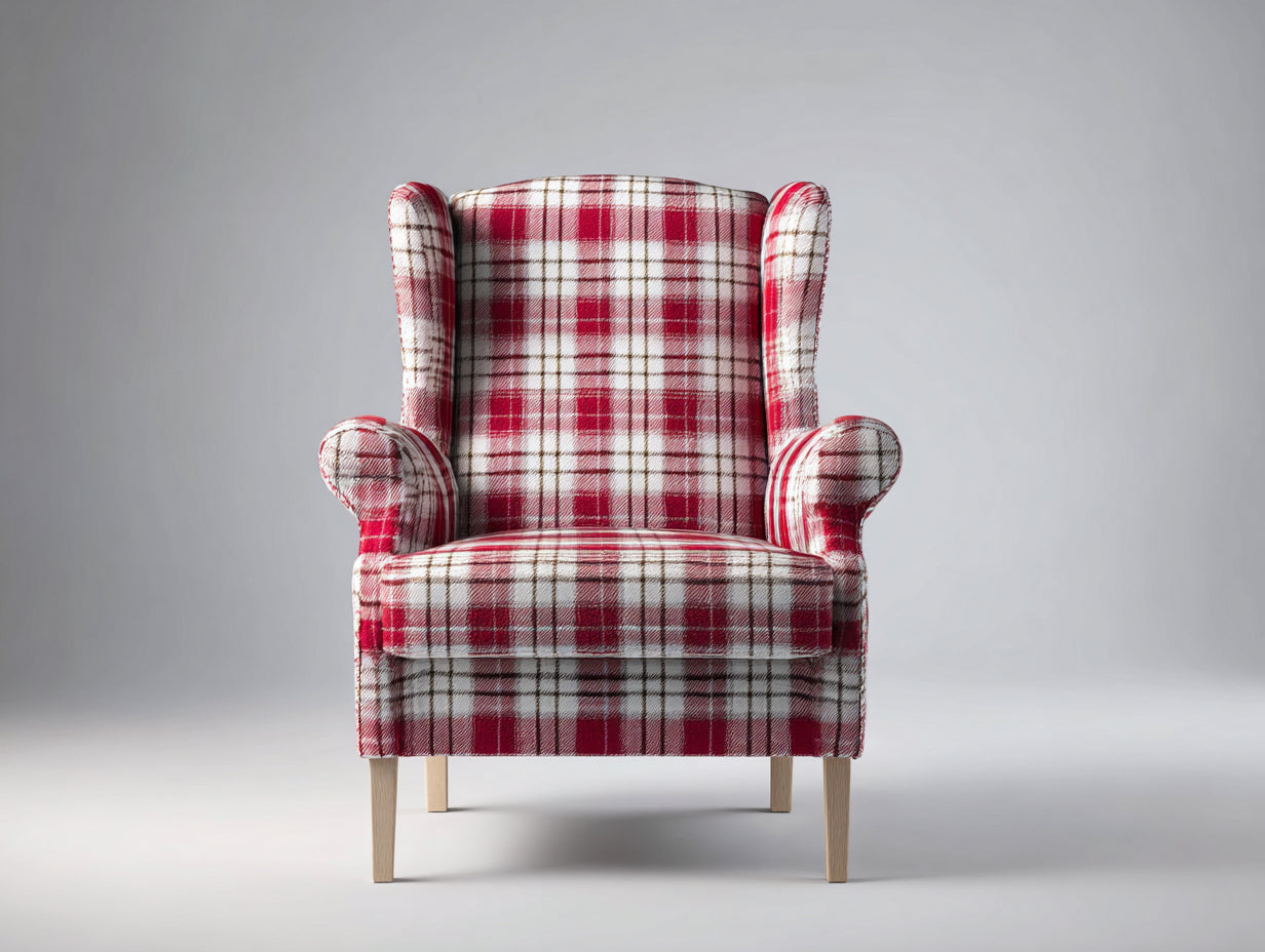 Sillones tapizado en tela escocesa rojo blanco con patas de madera 78x75x100 cm estilo clasico decorativo para salon