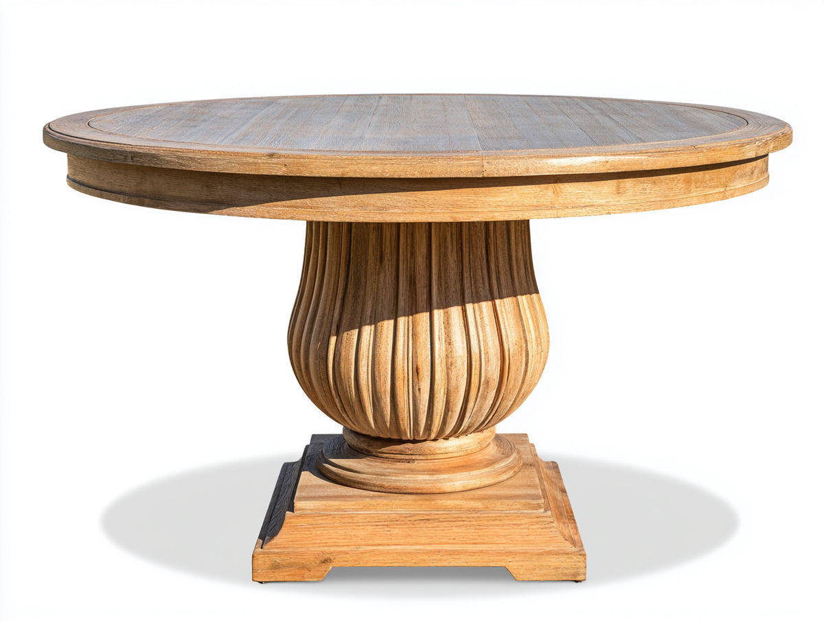 Mesas de jardín mesa redonda de madera maciza con base tallada tipo pedestal 140x140x75 cm madera natural estilo clasico rustico exterior