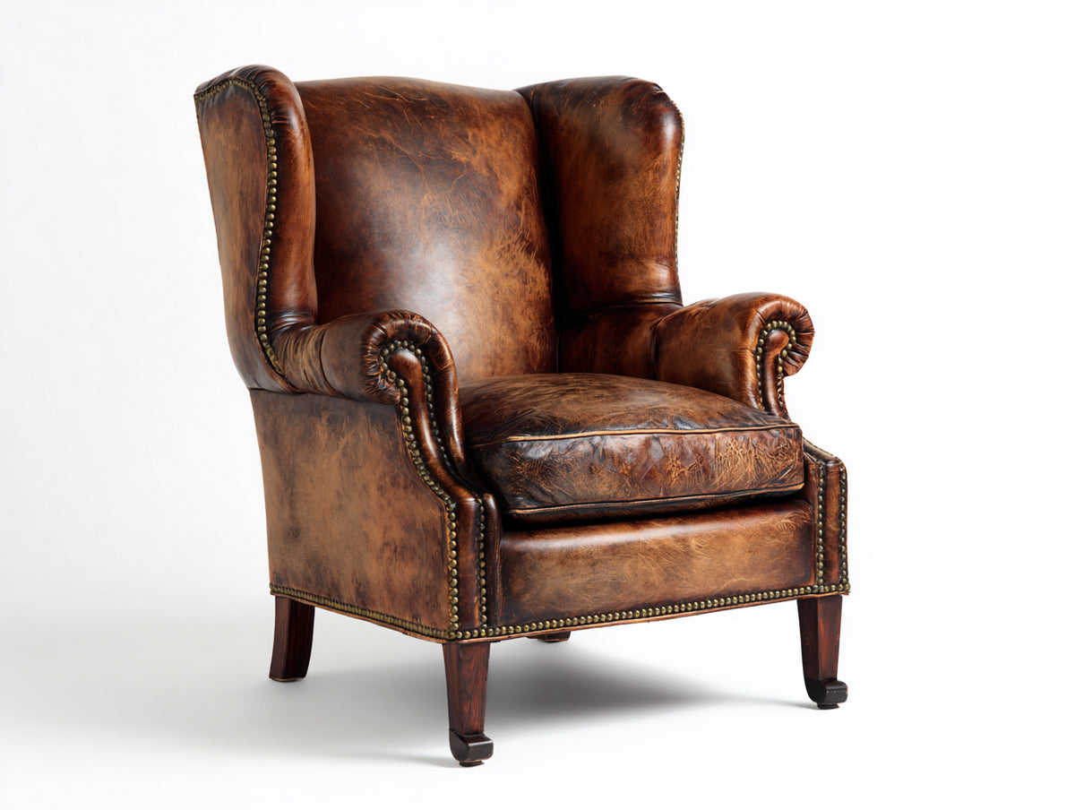 Sillones - sillón individual de cuero envejecido marrón 85x90x105 cm estilo clásico orejero con remaches