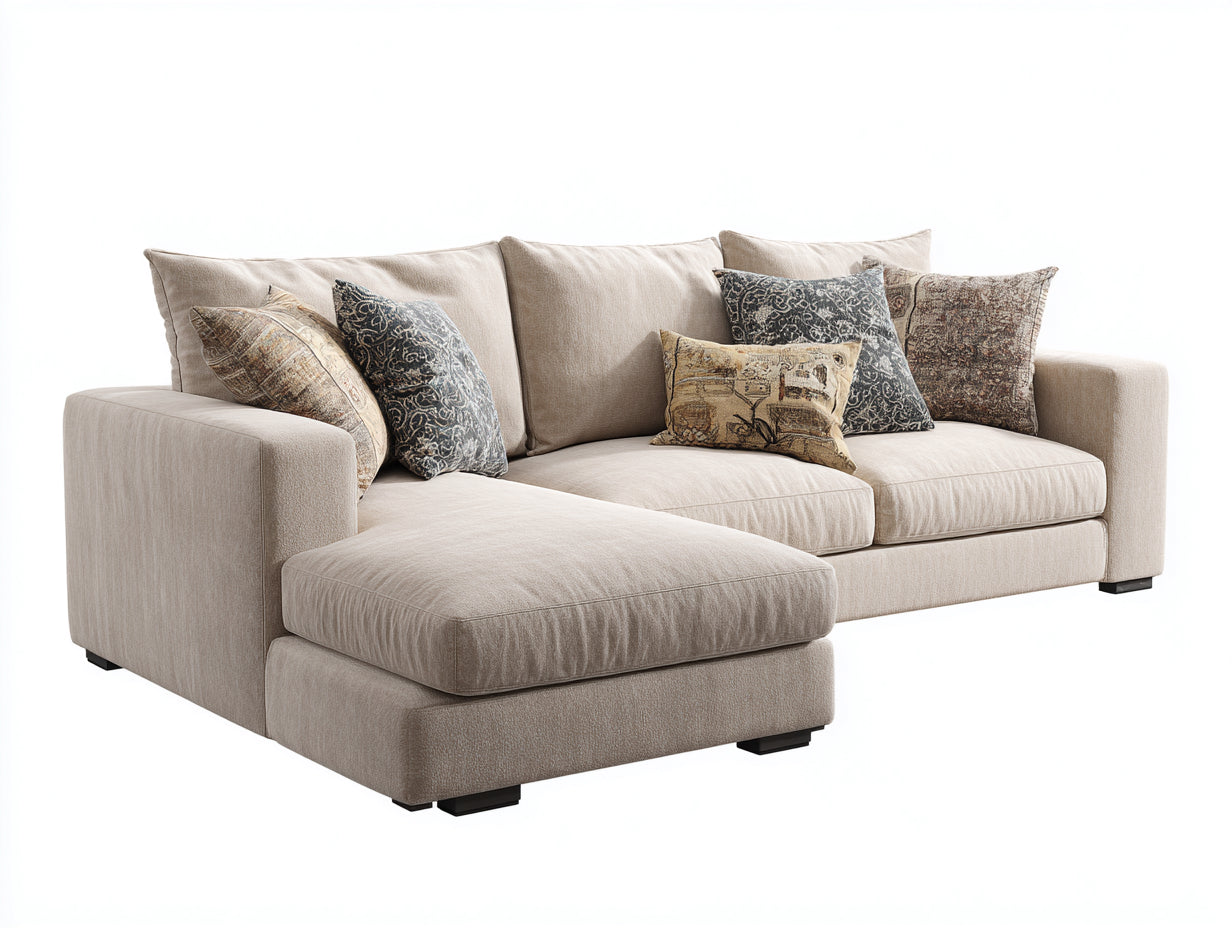 Sofás de esquina tapizado en tela beige con chaise longue 260x160x85 cm estilo moderno para salon