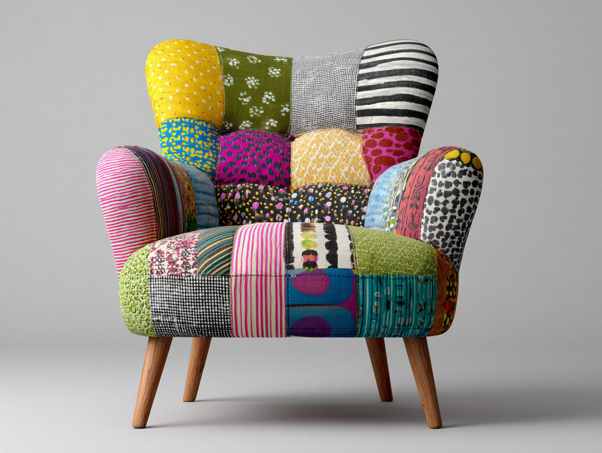 Sillón patchwork multicolor estilo moderno con patas de madera diseño tapizado artesanal 75x80x95 cm